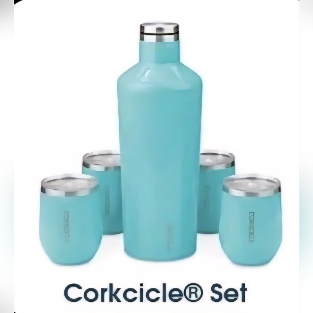 Corkcicle Blue Insulated 60oz Plus 4 Stemless Wine Glasses